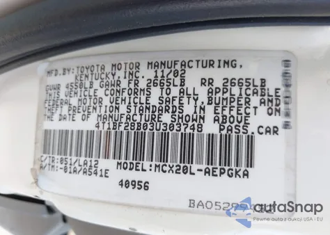 2003 Toyota Avalon Xls z USA, uszkodzony, nr VIN 4T1BF28B03U303748